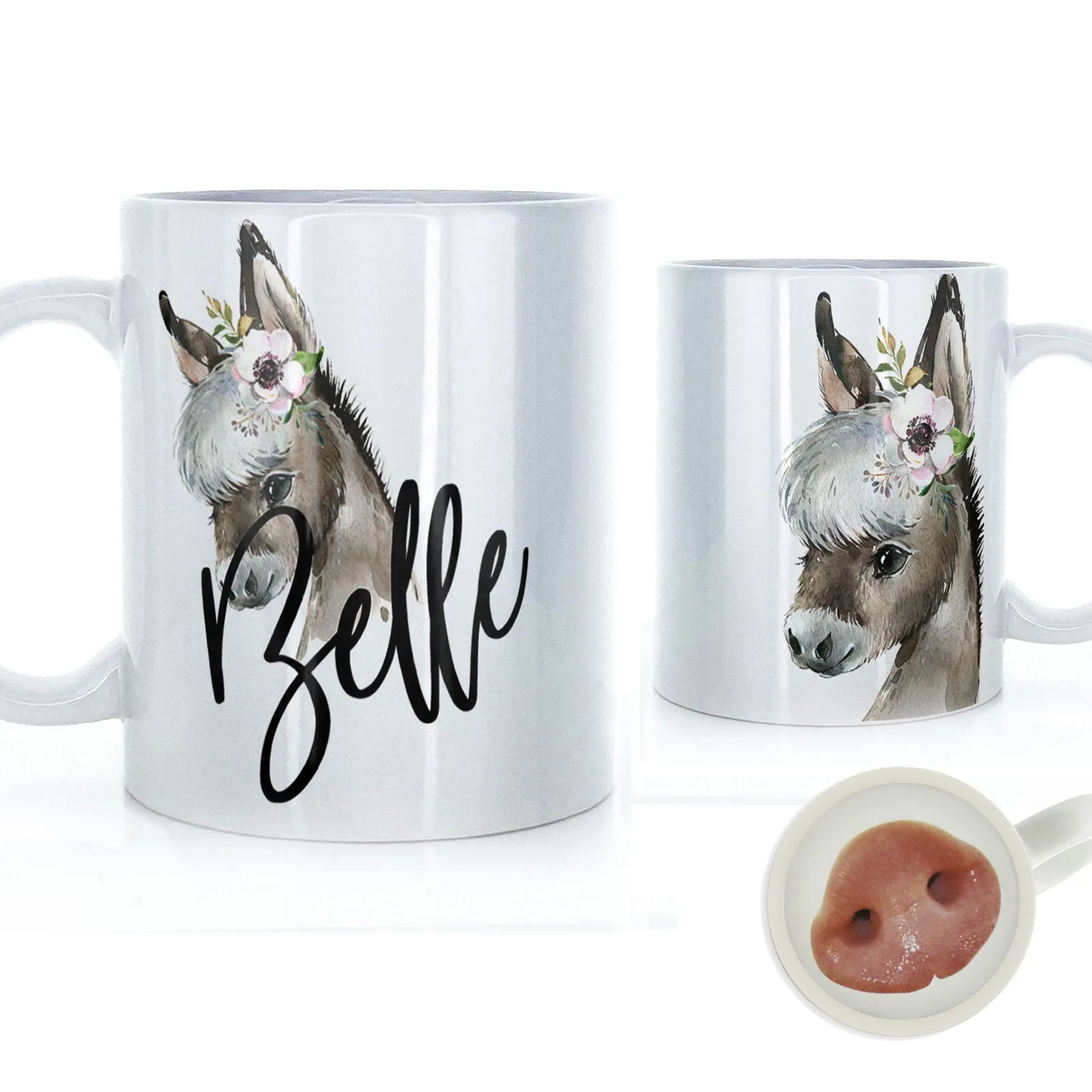 Personalised Mug with Stylish Text and White Flower Donkey