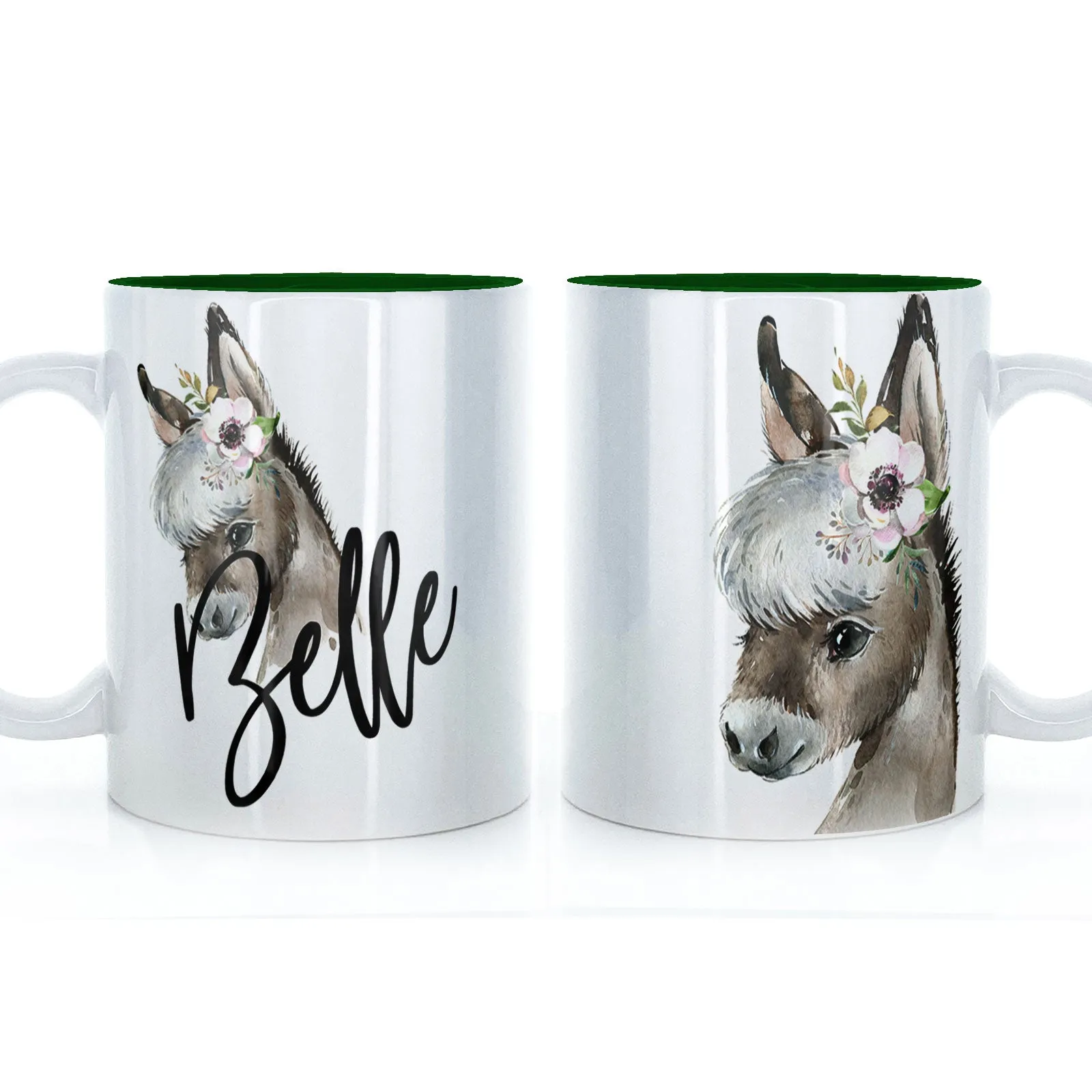 Personalised Mug with Stylish Text and White Flower Donkey