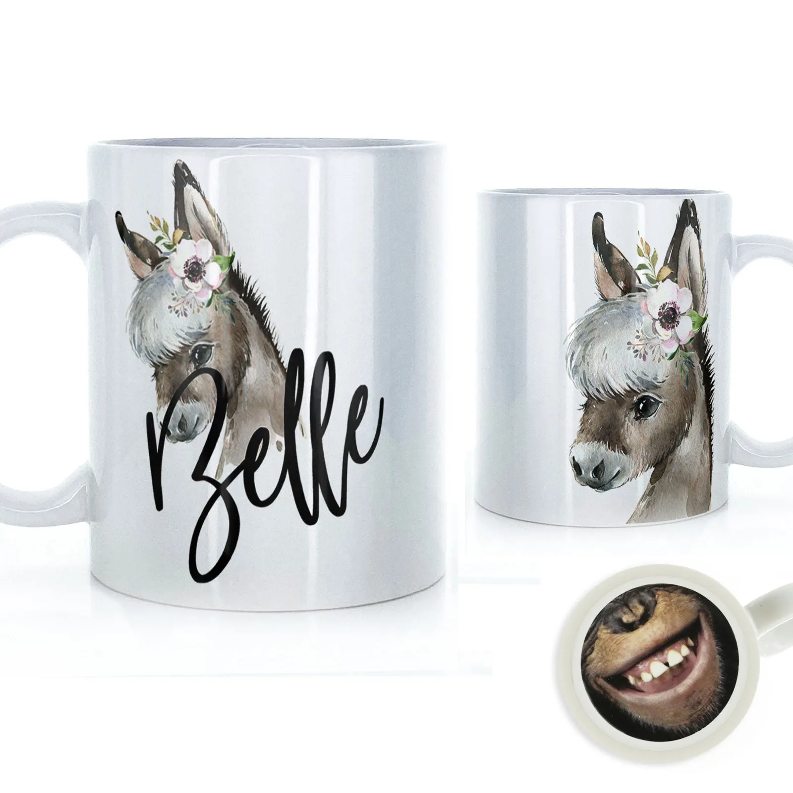 Personalised Mug with Stylish Text and White Flower Donkey