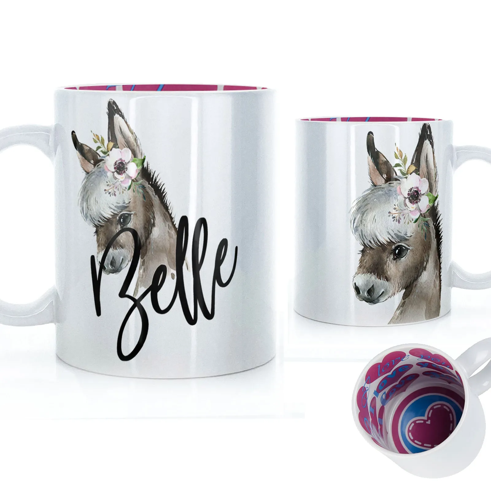 Personalised Mug with Stylish Text and White Flower Donkey