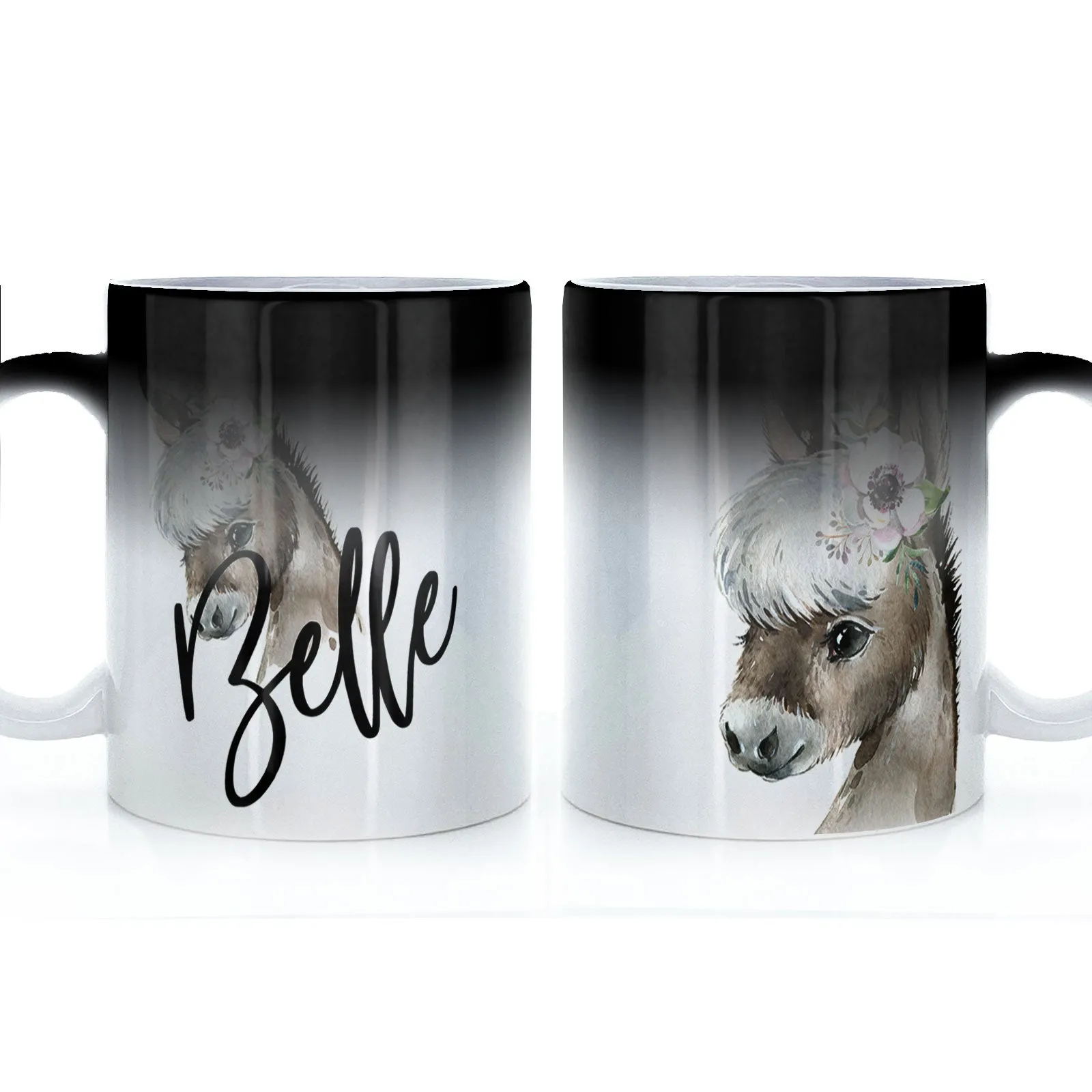 Personalised Mug with Stylish Text and White Flower Donkey