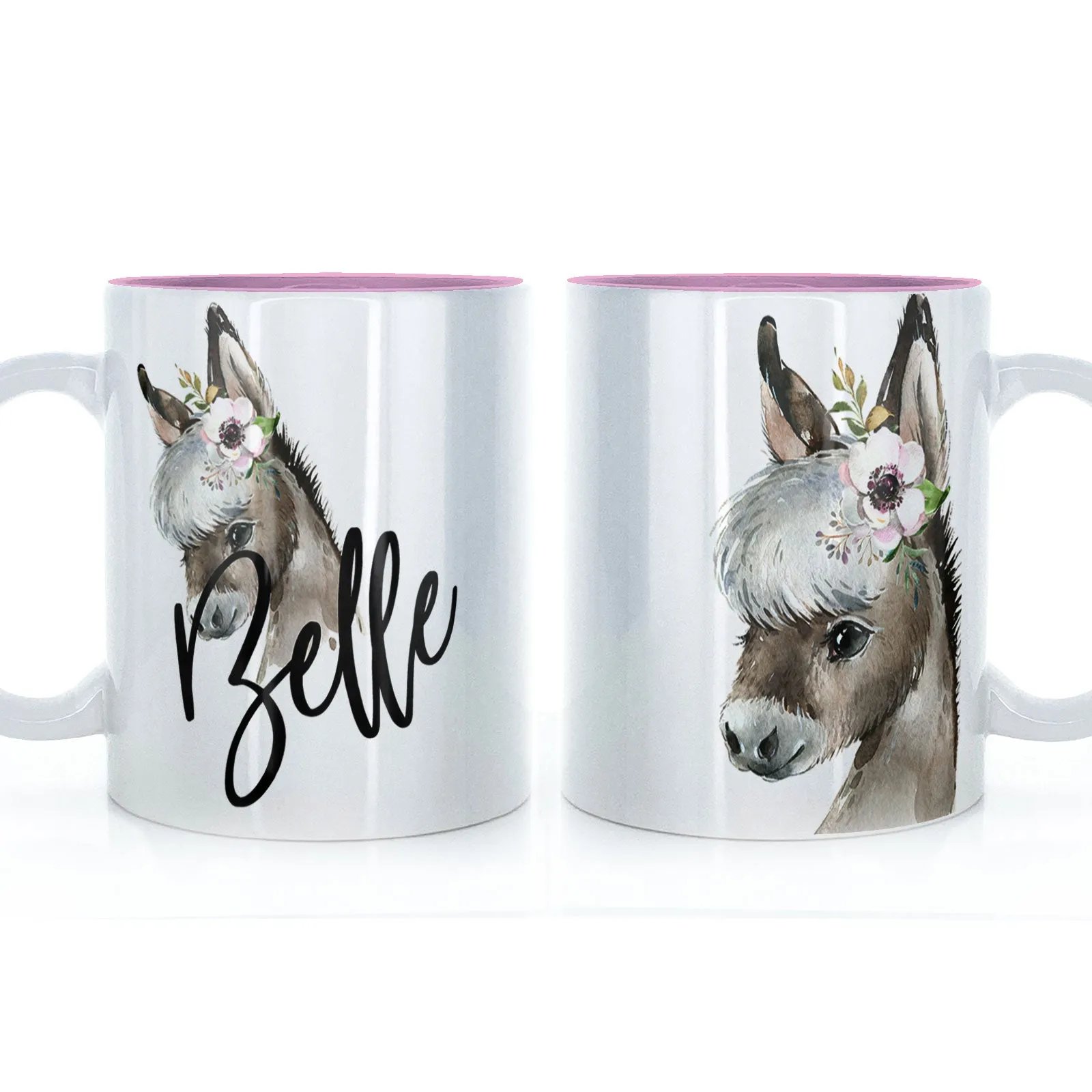 Personalised Mug with Stylish Text and White Flower Donkey