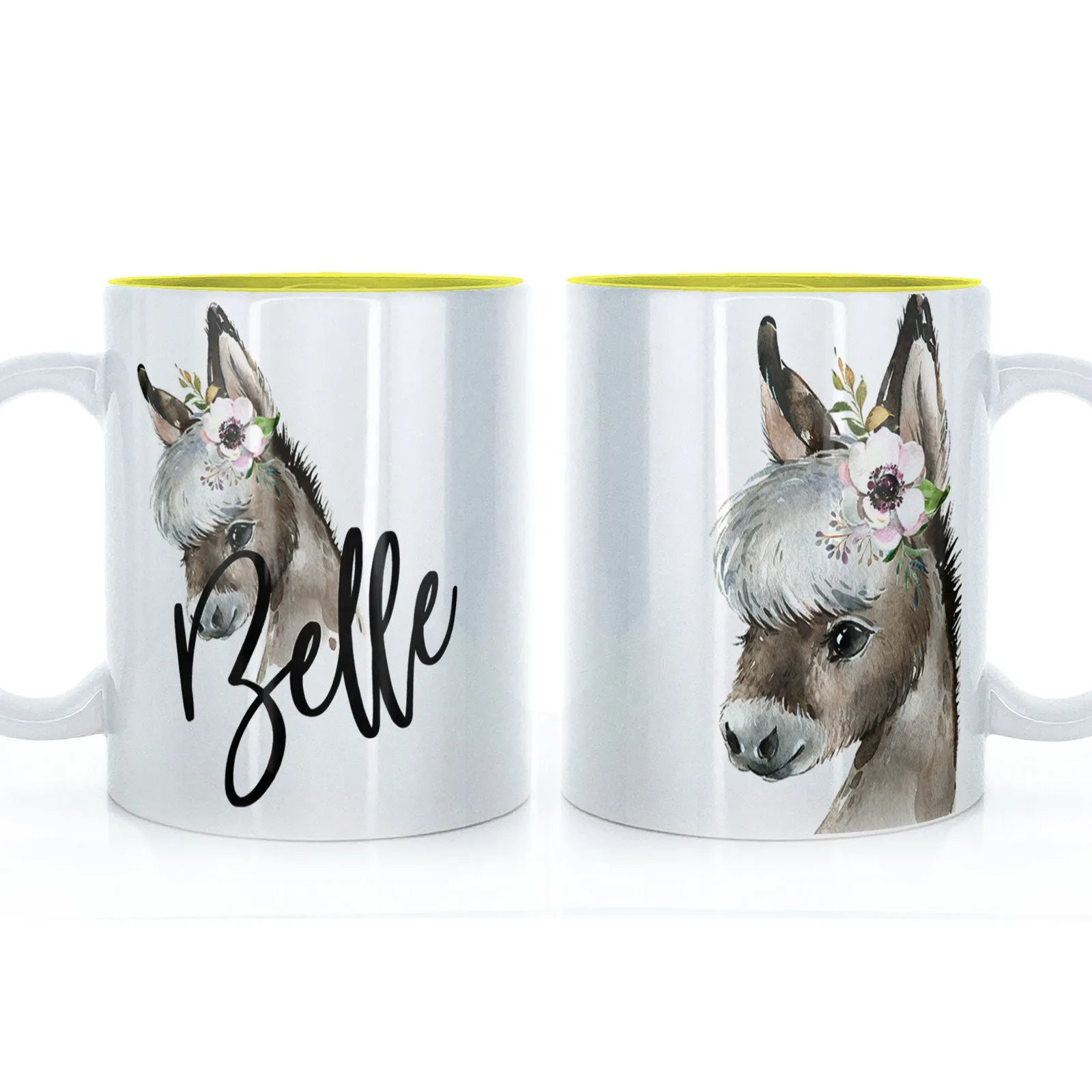 Personalised Mug with Stylish Text and White Flower Donkey