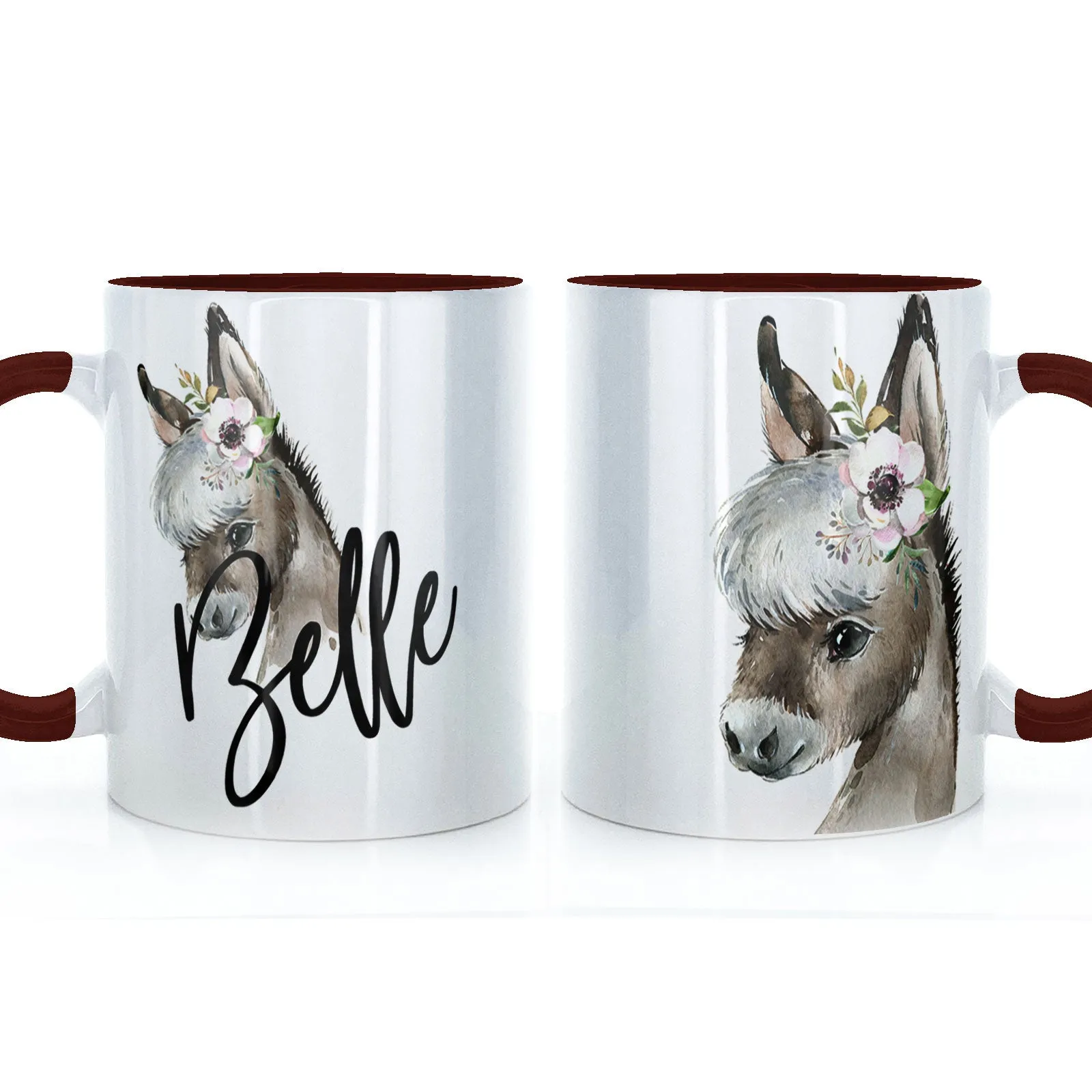 Personalised Mug with Stylish Text and White Flower Donkey