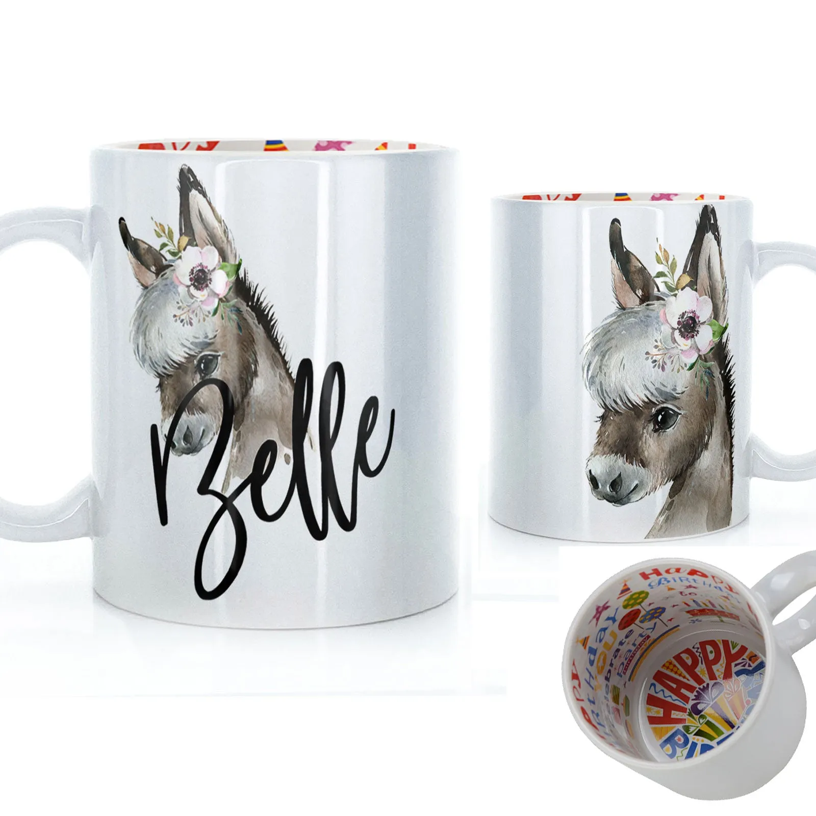Personalised Mug with Stylish Text and White Flower Donkey