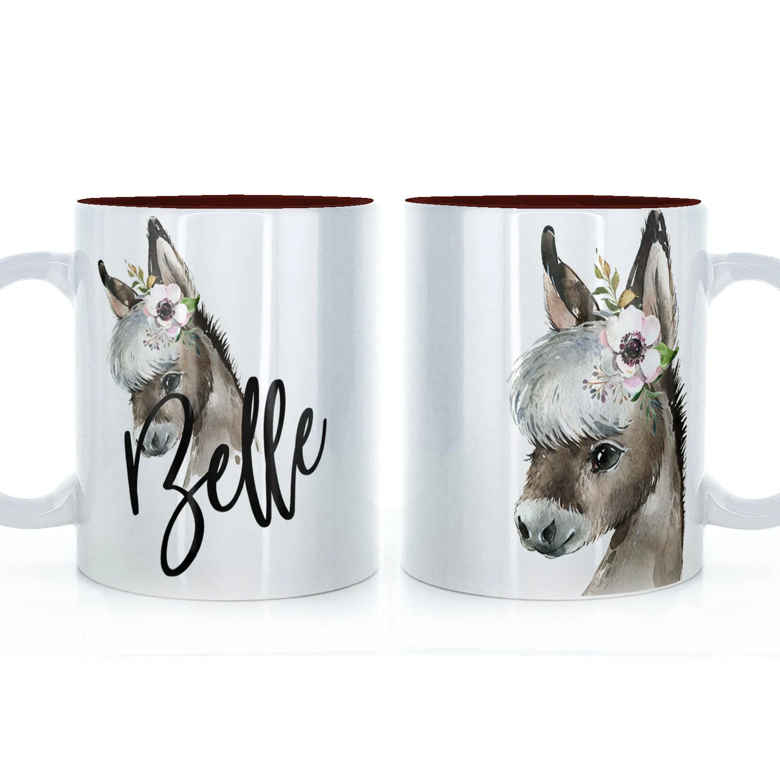Personalised Mug with Stylish Text and White Flower Donkey