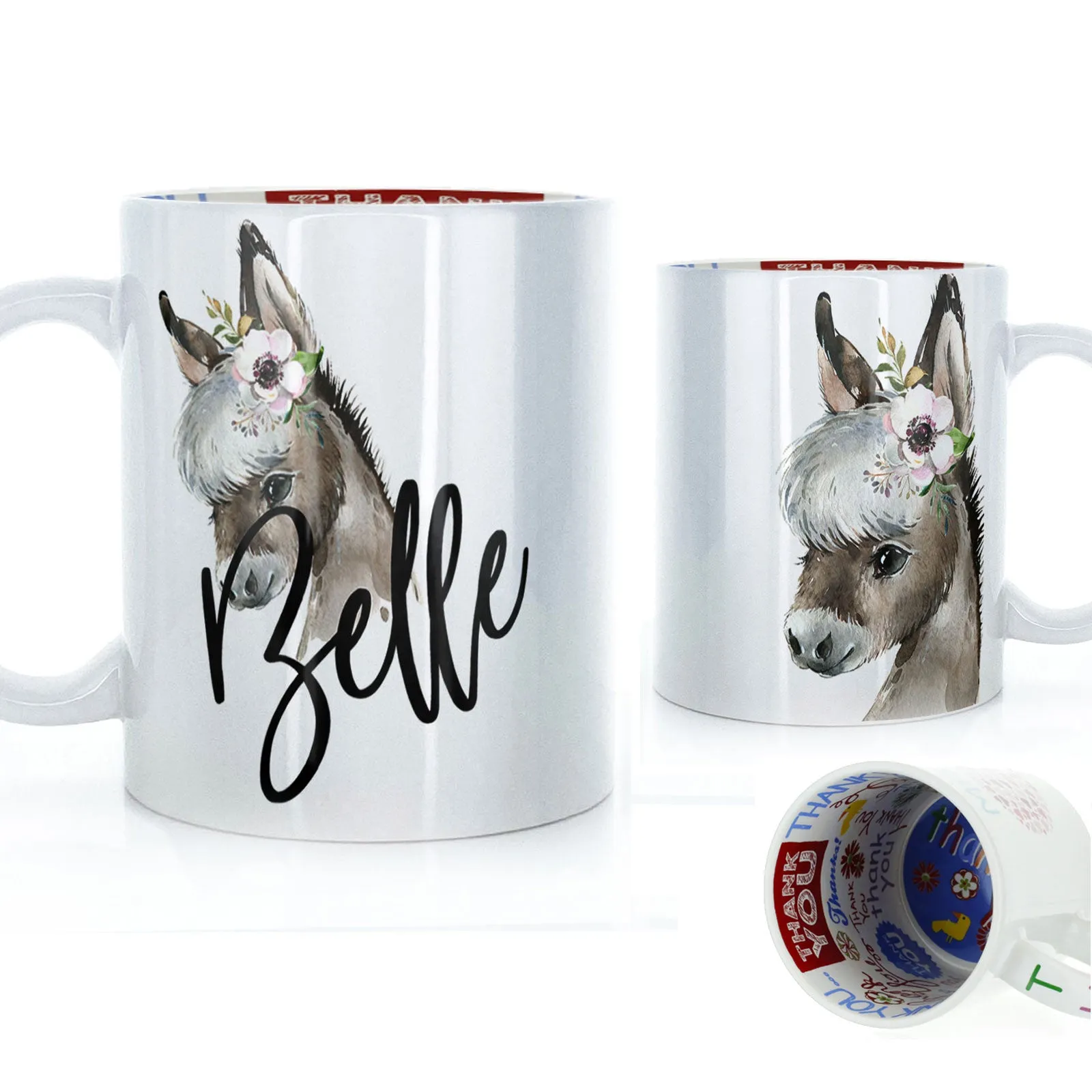 Personalised Mug with Stylish Text and White Flower Donkey
