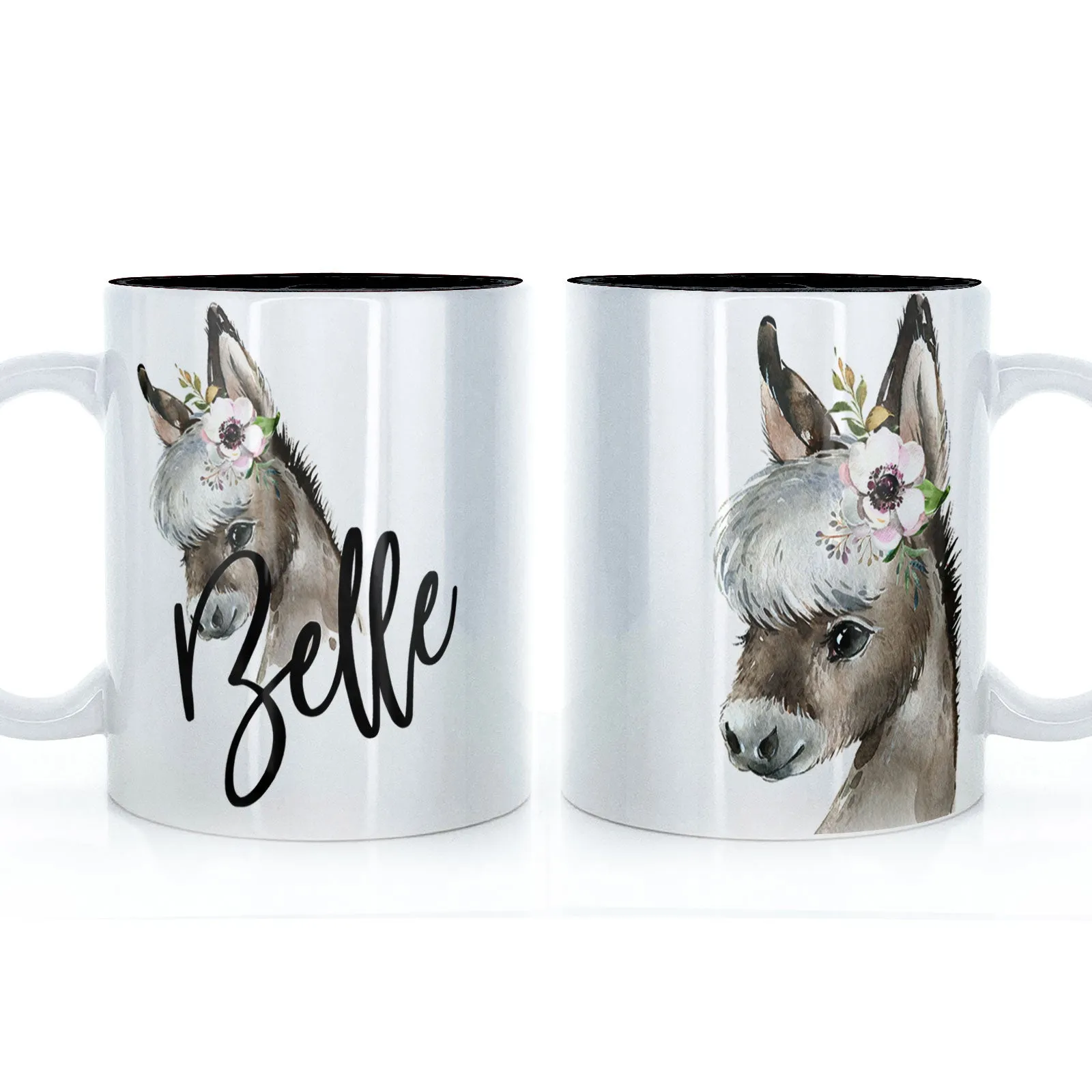 Personalised Mug with Stylish Text and White Flower Donkey