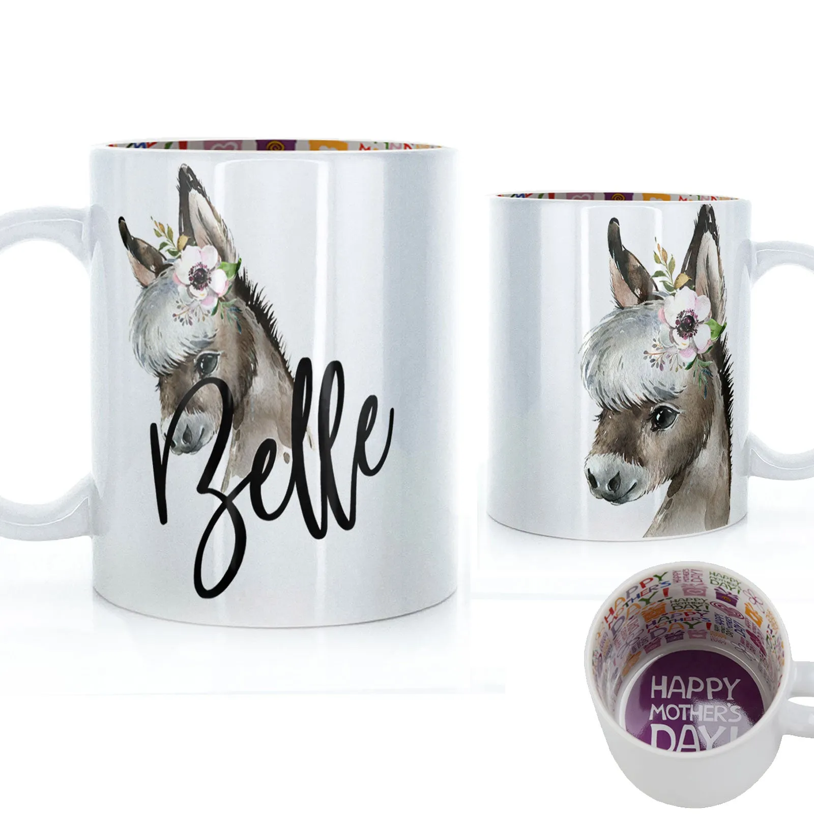 Personalised Mug with Stylish Text and White Flower Donkey