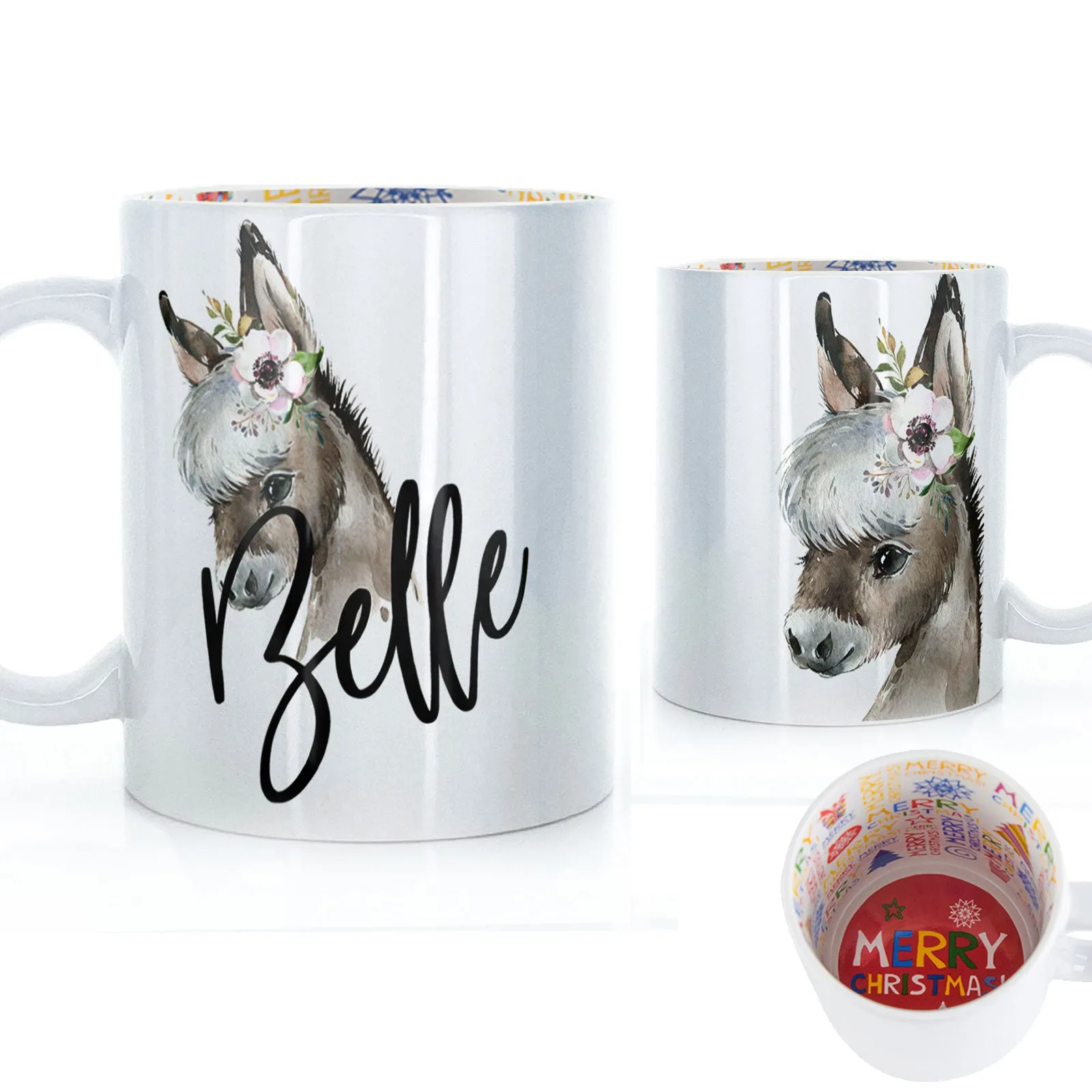 Personalised Mug with Stylish Text and White Flower Donkey