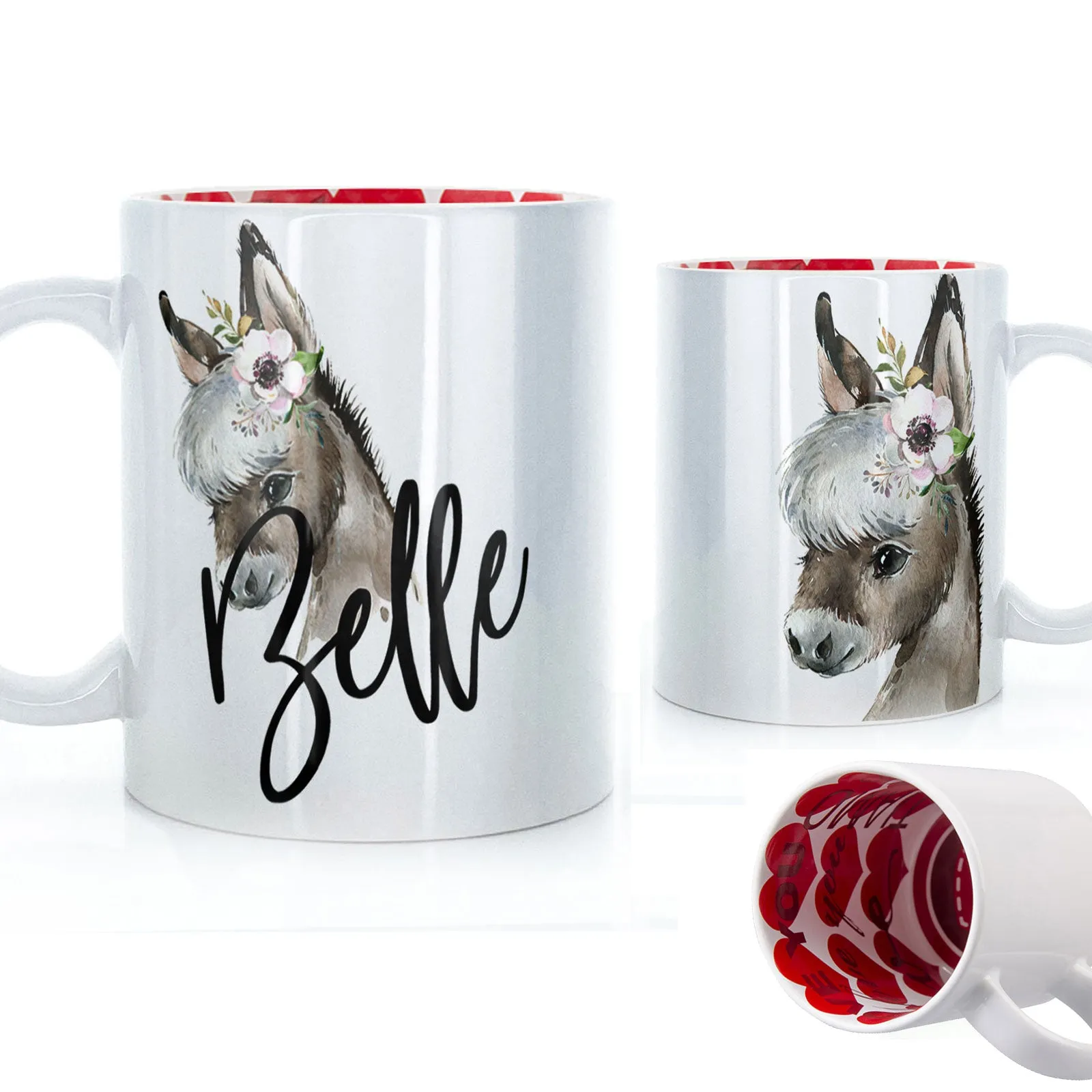Personalised Mug with Stylish Text and White Flower Donkey