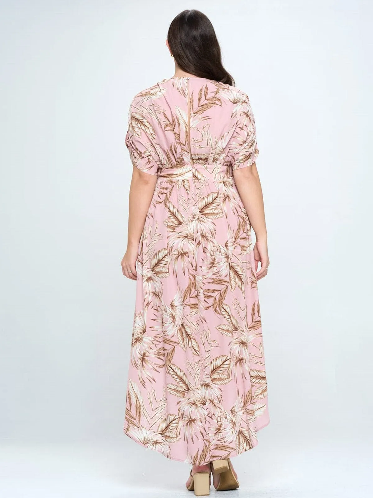 PLUS SIZE SHORT SLEEVE V-NECK HIGH-LOW LEAF PRINT MAXI DRESS