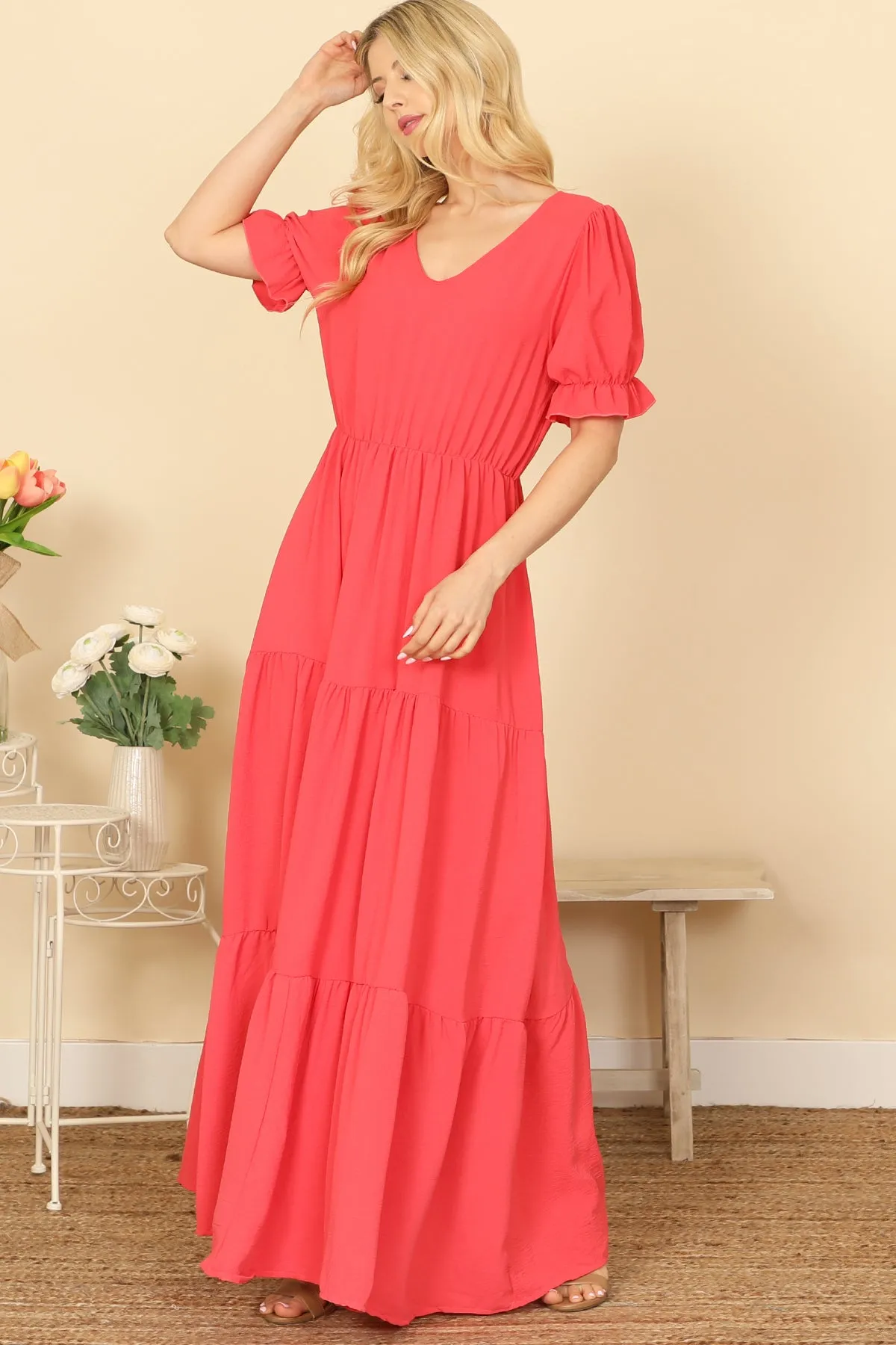 PUFF SLEEVE V-NECK TIERED SOLID MAXI DRESS