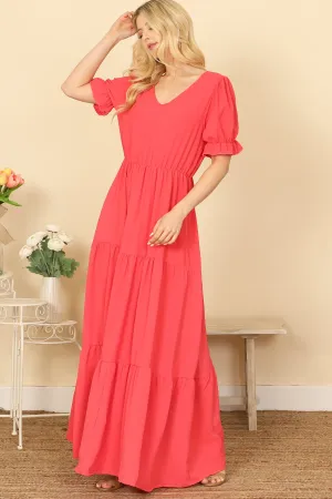 PUFF SLEEVE V-NECK TIERED SOLID MAXI DRESS