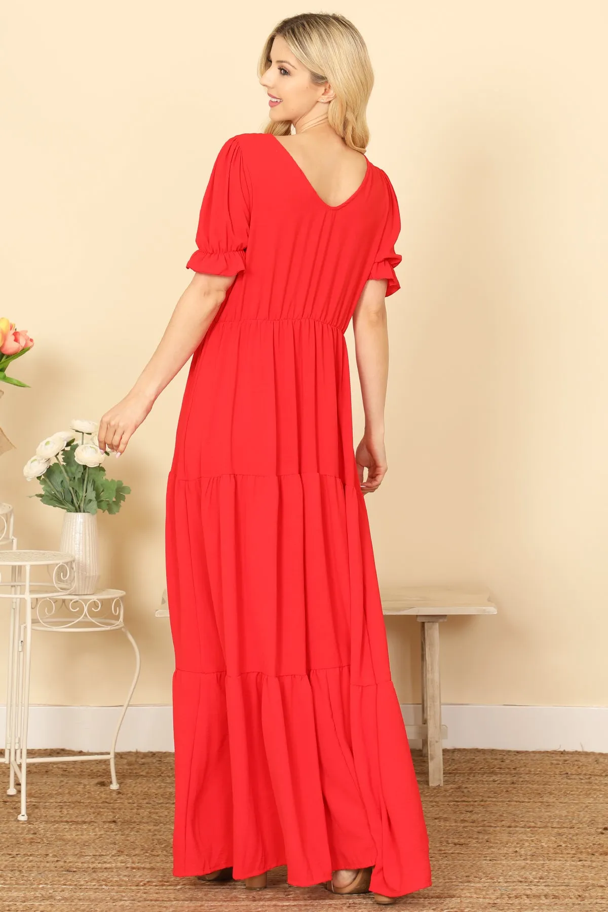 PUFF SLEEVE V-NECK TIERED SOLID MAXI DRESS