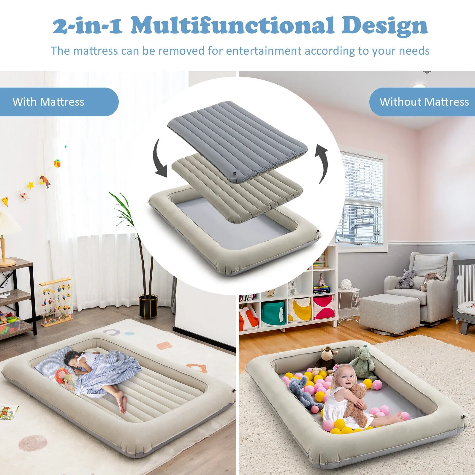 Quick Assemble Inflatable Portable Kids Travel Bed & Ball Pool | Mattress, Carry Bag & Air Pump | Beige | 18m 