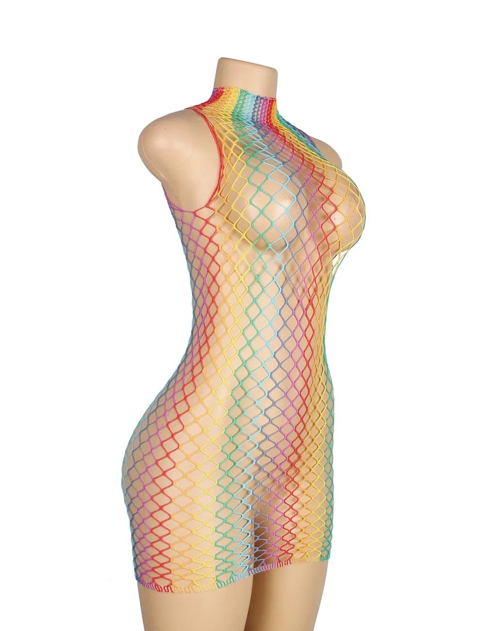 Rainbow Fishnet Bodystocking with High Collar - Vibrant and Stylish