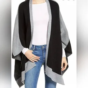 Rebecca Minkoff Black and Gray Colorblock Ruana Women's Sweater Poncho One Size