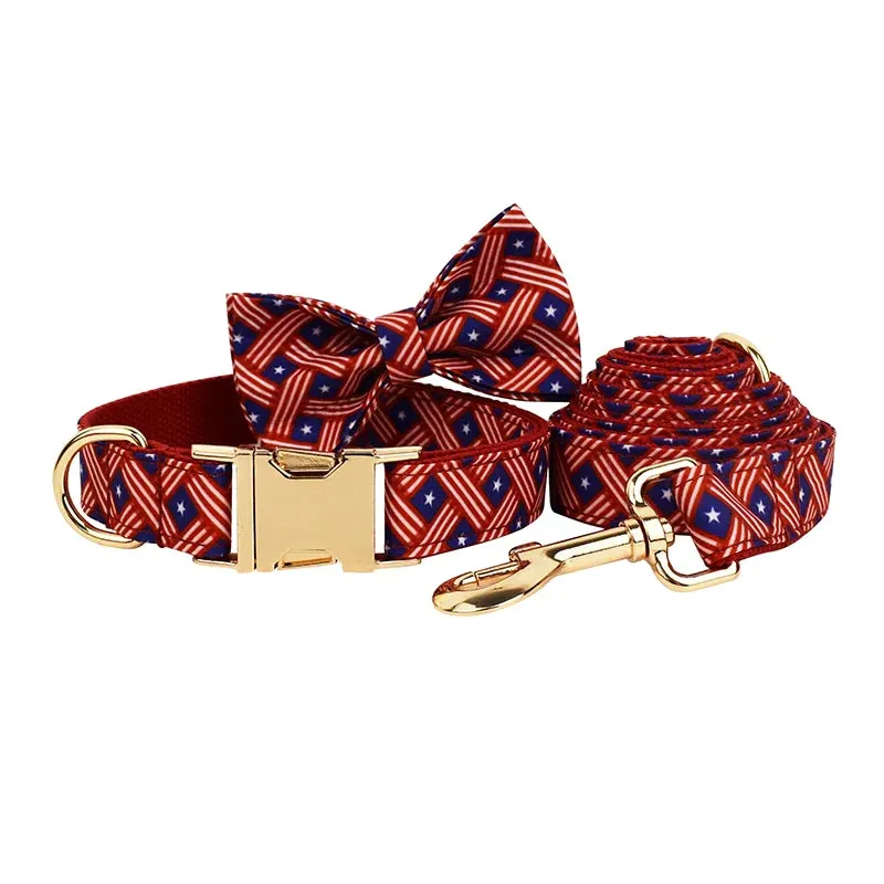 Red Plaid Stylish Personalized Bow Collar, Leash