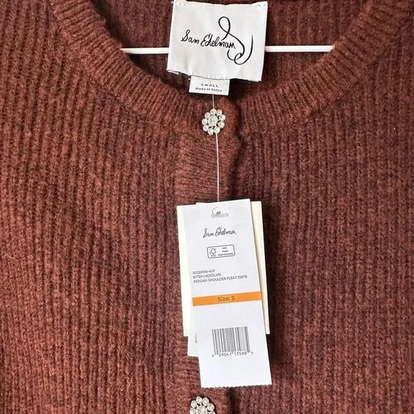 Sam Edelman NWT Elegant Brown Button-Up Sweater Wool Blend Embellished