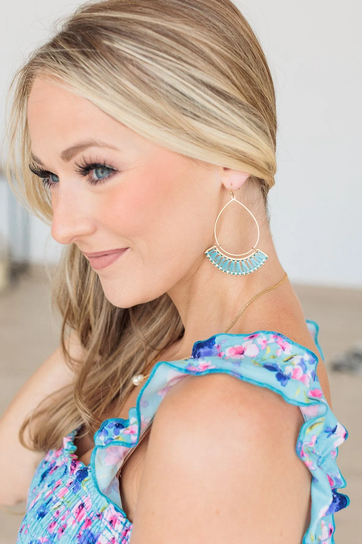 Save The Drama Gold Dangle Earrings- Turquoise