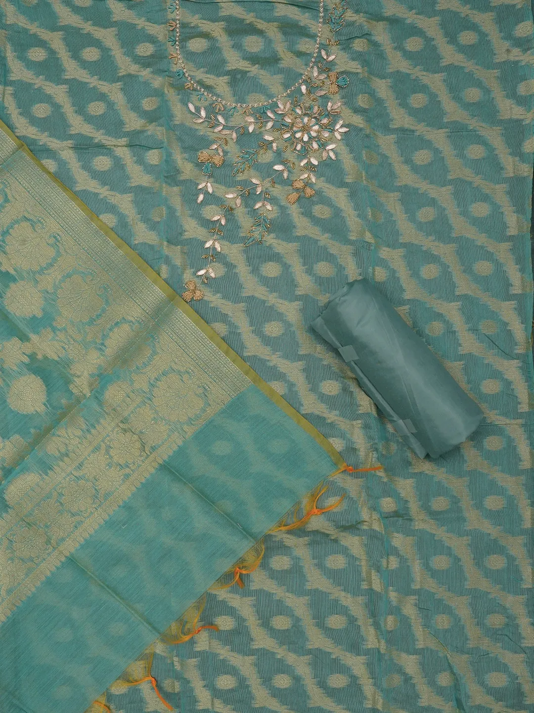 Sea Green Zari Woven Silk Blend Dress Material with Dupatta