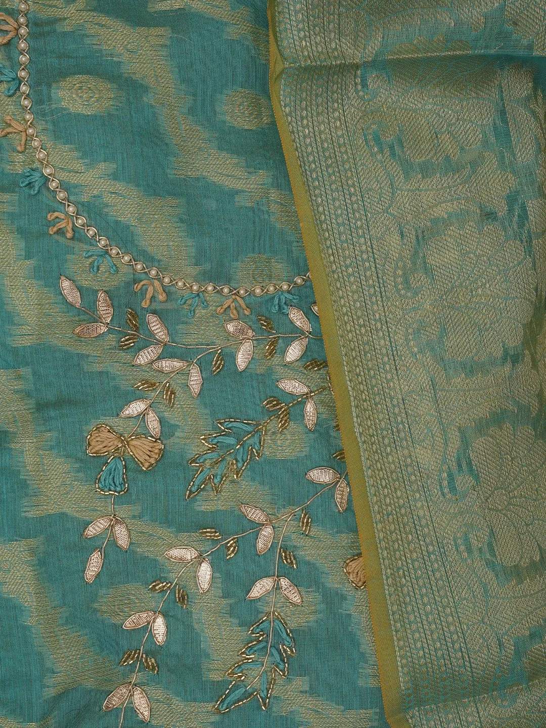 Sea Green Zari Woven Silk Blend Dress Material with Dupatta