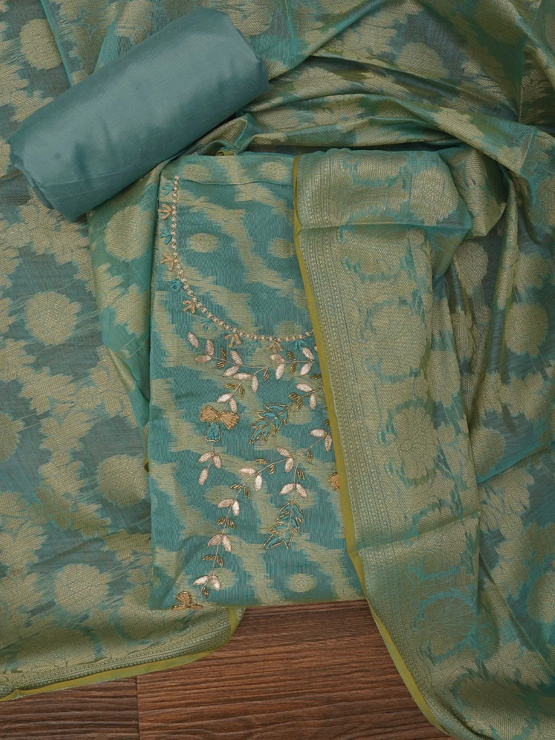 Sea Green Zari Woven Silk Blend Dress Material with Dupatta