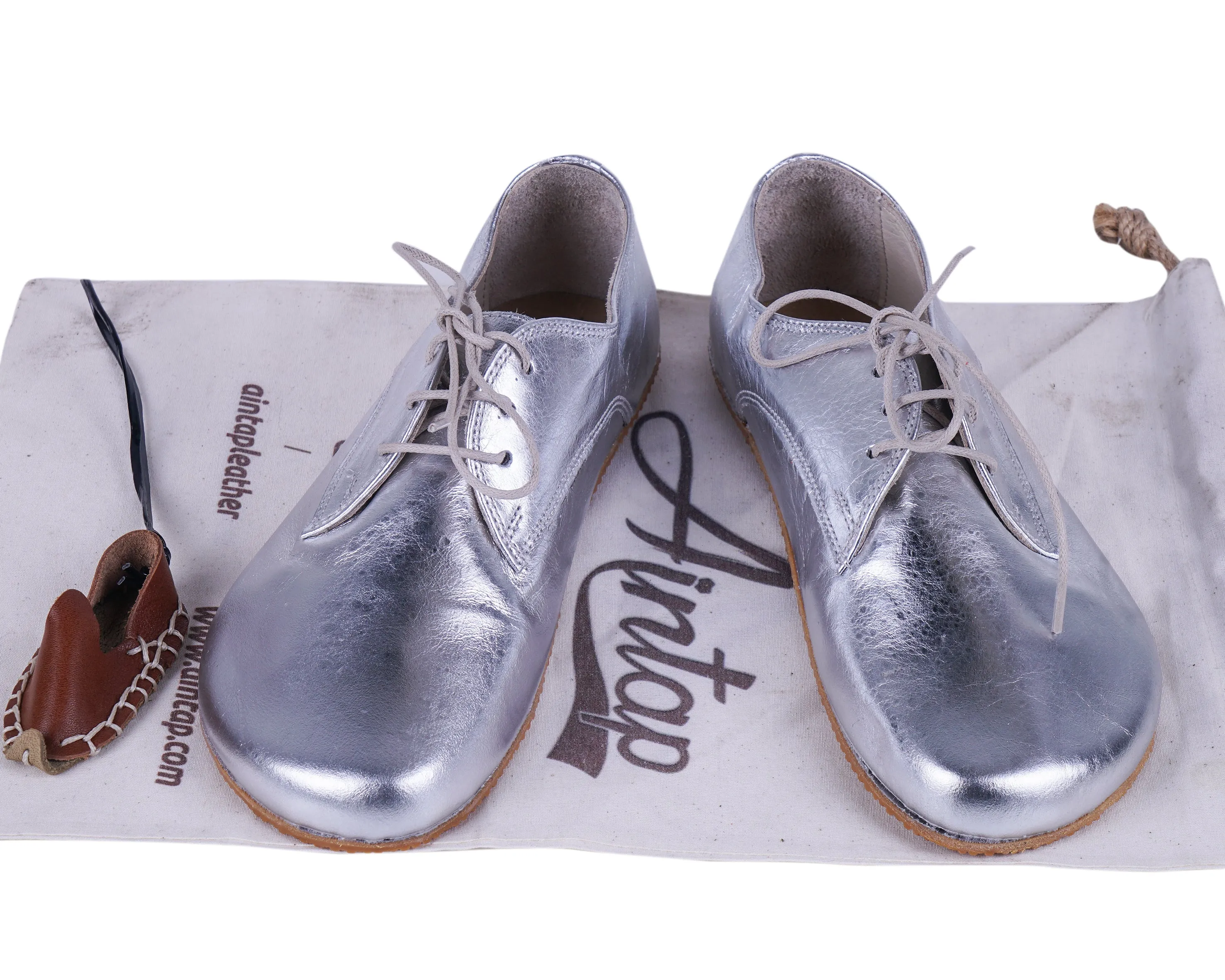 Sılver Oxford Wide Barefoot Shoes Smooth Leather Handmade 4mm Rubber Outsole