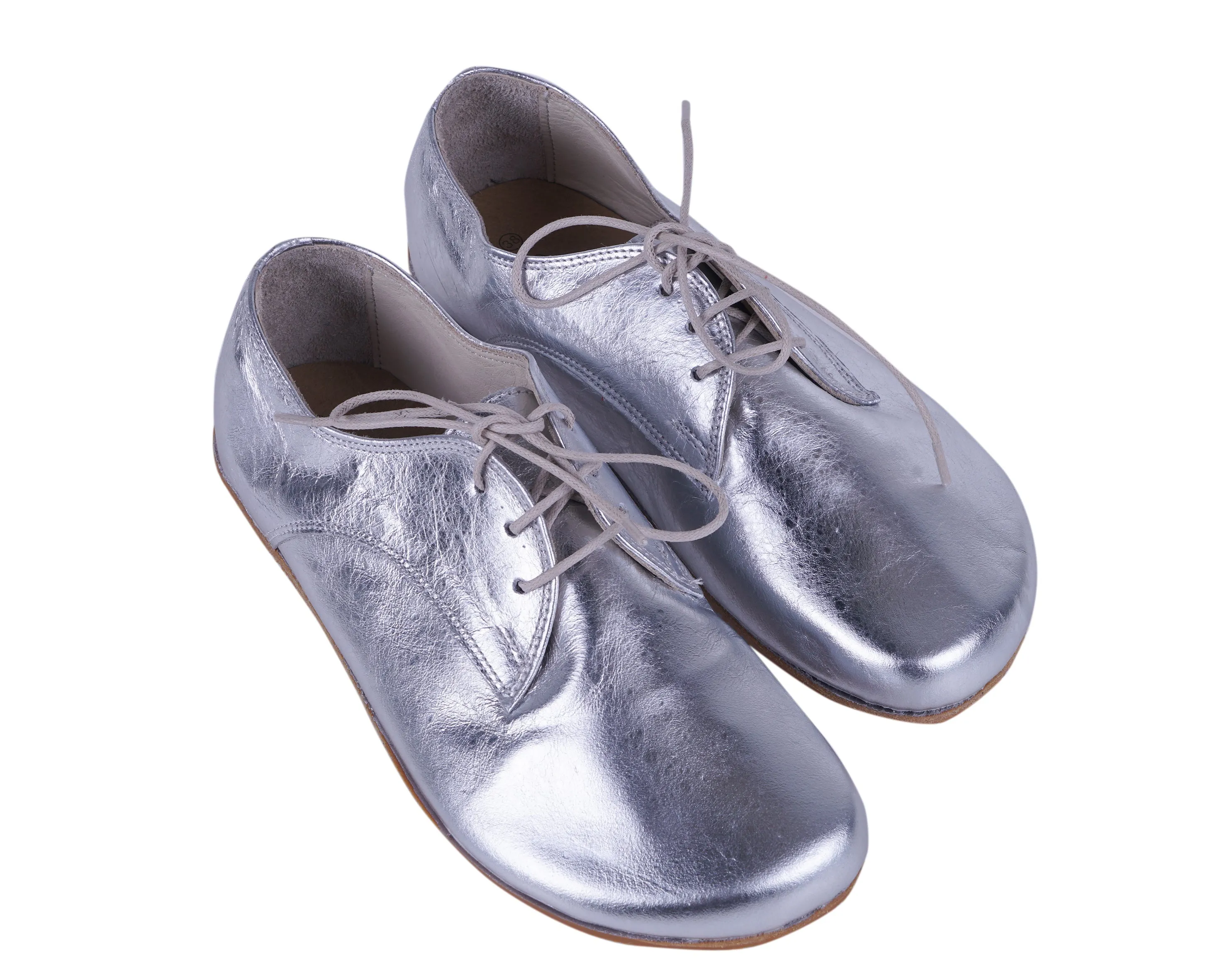 Sılver Oxford Wide Barefoot Shoes Smooth Leather Handmade 4mm Rubber Outsole