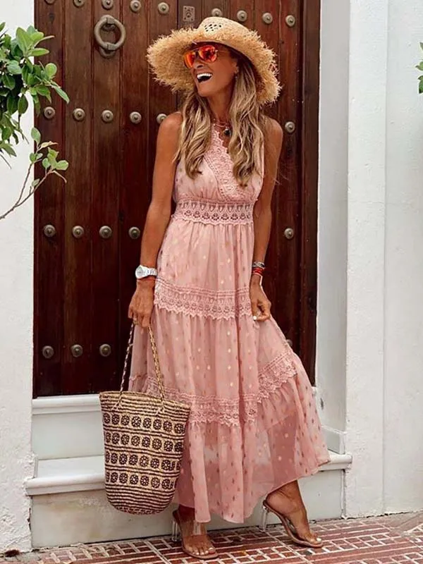 Stunncal Stylish PolkaDots Print Lace V-Neck Maxi Dress