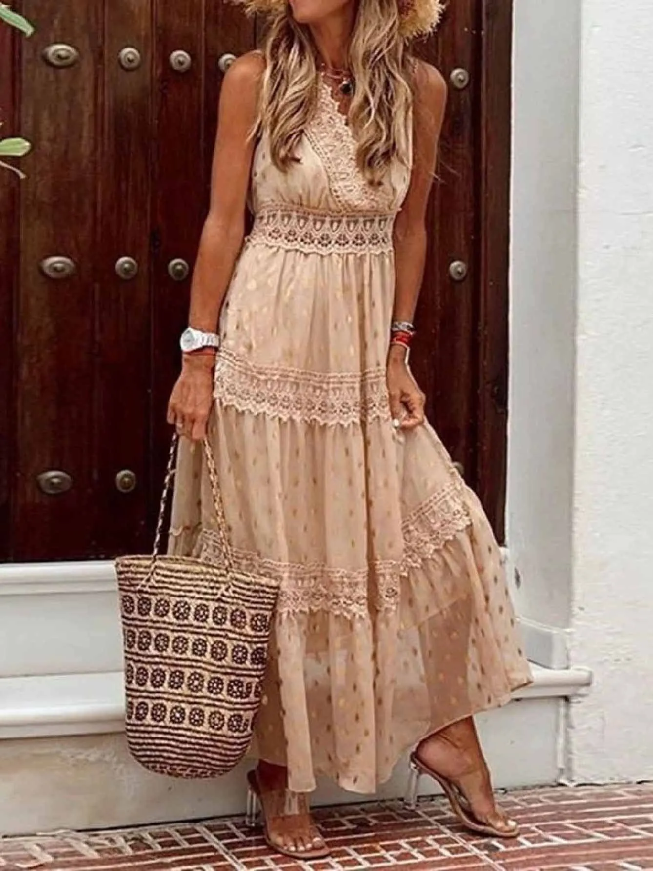 Stunncal Stylish PolkaDots Print Lace V-Neck Maxi Dress