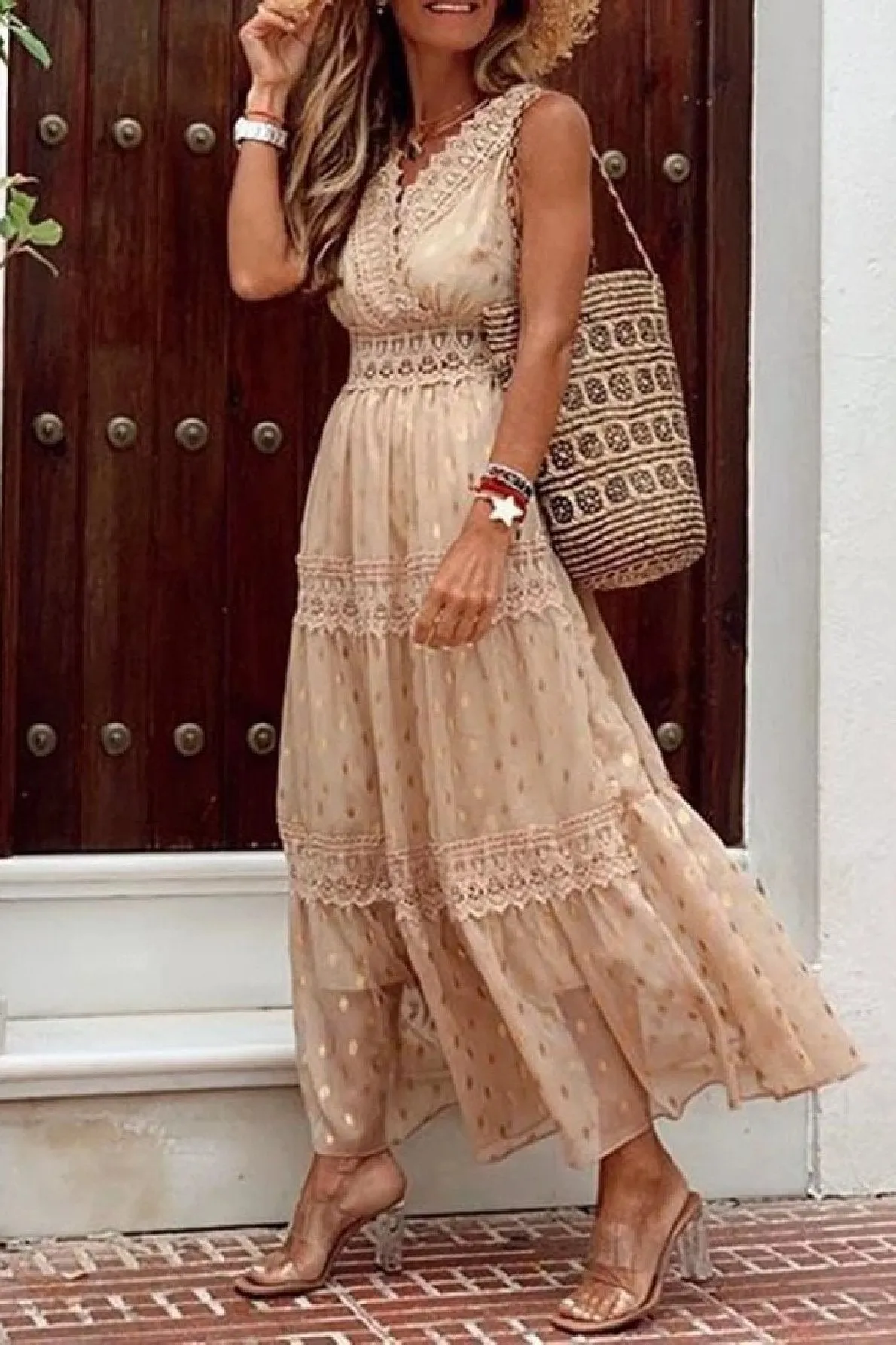 Stunncal Stylish PolkaDots Print Lace V-Neck Maxi Dress
