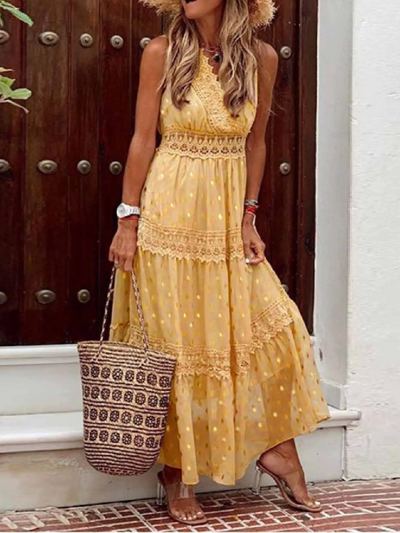 Stunncal Stylish PolkaDots Print Lace V-Neck Maxi Dress
