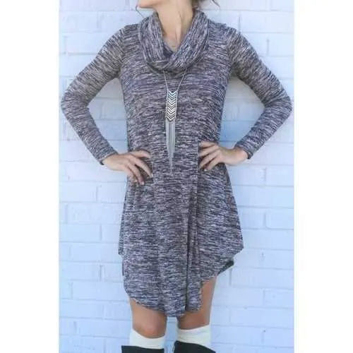 Stylish Heaps Collar Long Sleeve Gray Women's Sweater Dress - Gray S