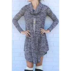 Stylish Heaps Collar Long Sleeve Gray Women's Sweater Dress - Gray S