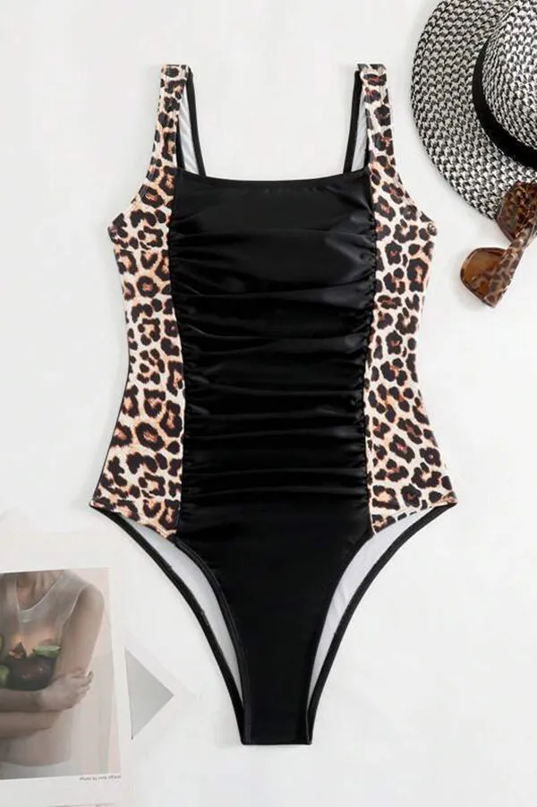 Stylish Leopard Print Paneled Backless Stretch One-piece Swimsuit