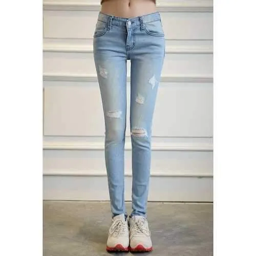 Stylish Mid-Waisted Hole and Pocket Design Women's Jeans - Light Blue M