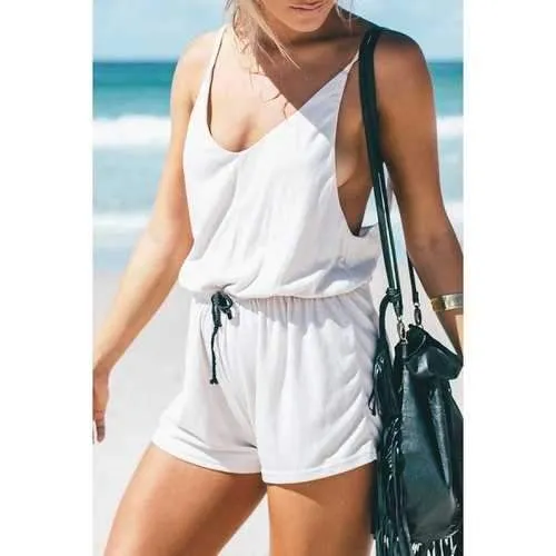Stylish Spaghetti Strap Sleeveless Drawstring Design Women's White Romper - White Xl
