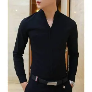Stylish Stand Collar Special French Front Solid Color Slimming Men's Long Sleeves Shirt - Black L