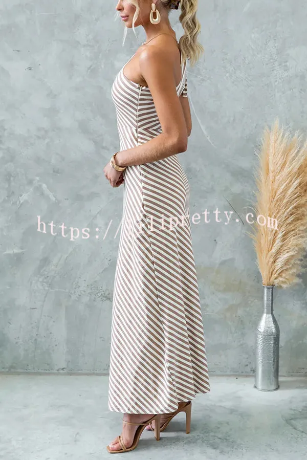 Stylish Striped Print One Shoulder Slope-neck Maxi Dress