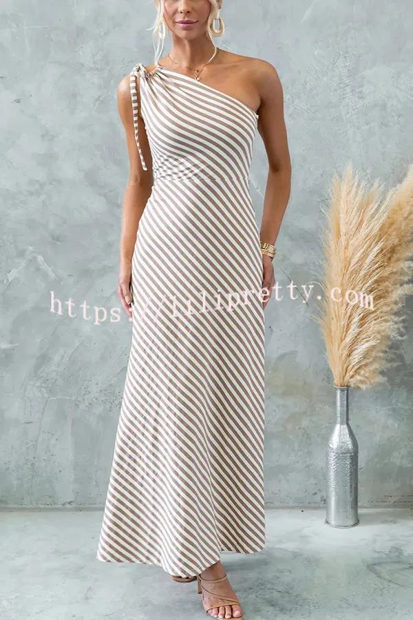Stylish Striped Print One Shoulder Slope-neck Maxi Dress