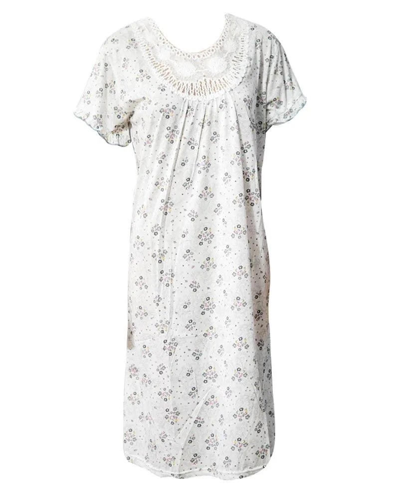 Stylish White Long Nighty With Grey Flower Print 111.9 - Women Nightdress