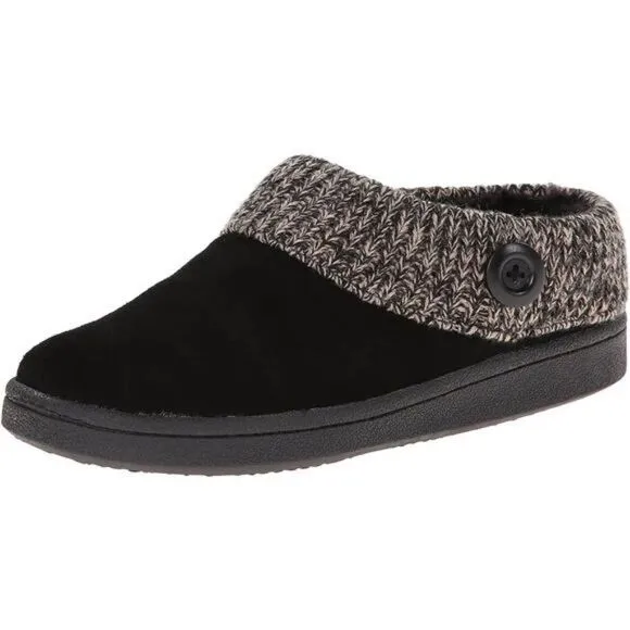 Suede Leather Knitted Collar Clog Slippers for Women with Faux Fur Lining