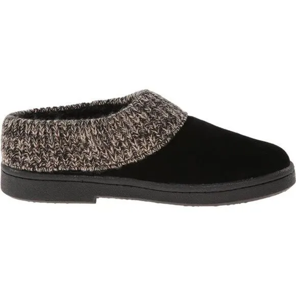 Suede Leather Knitted Collar Clog Slippers for Women with Faux Fur Lining
