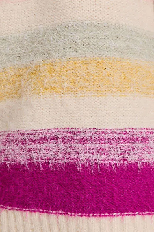 Tell Me Everything Mult Stripe Sweater in Cream/Fuchsia