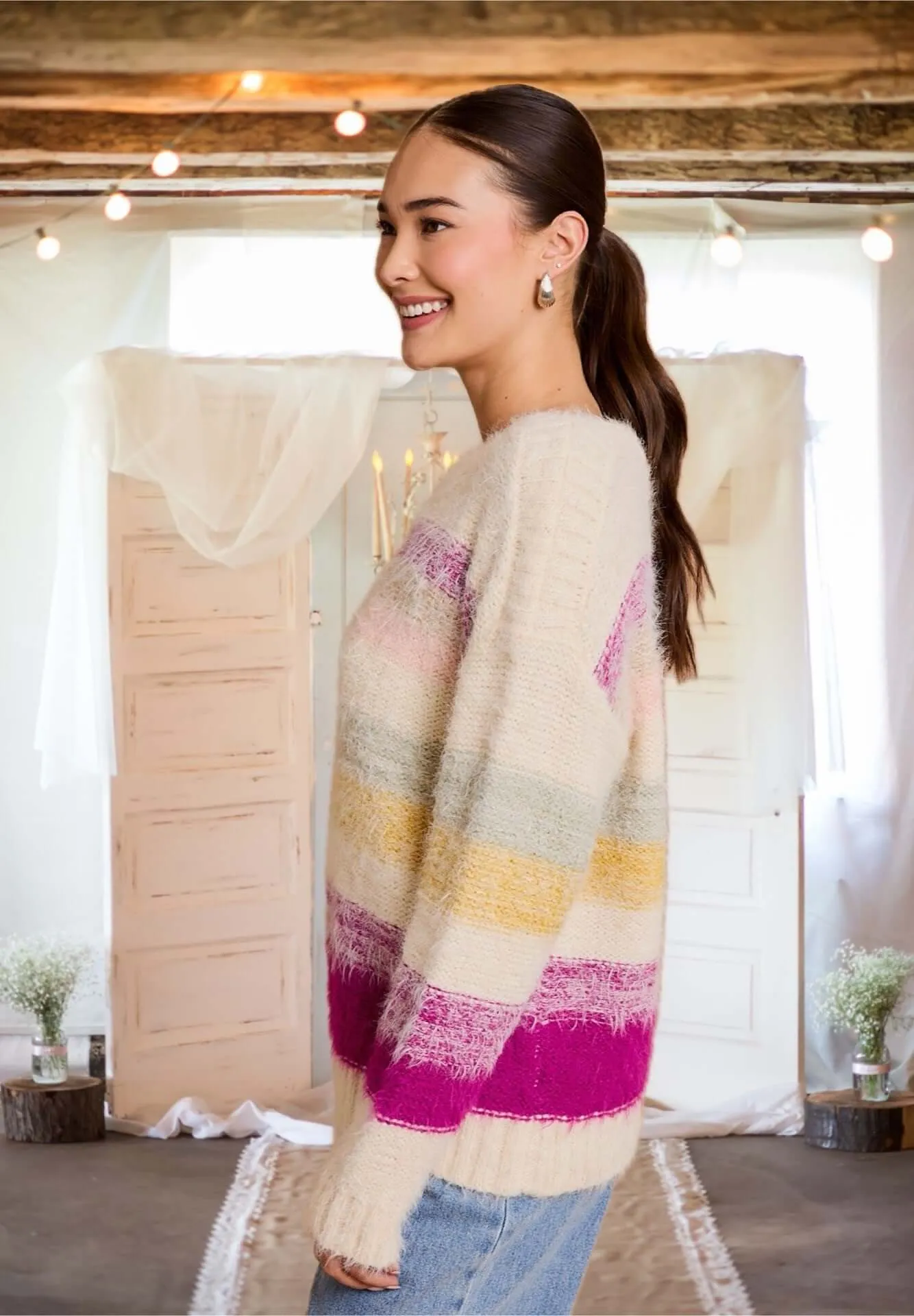 Tell Me Everything Mult Stripe Sweater in Cream/Fuchsia