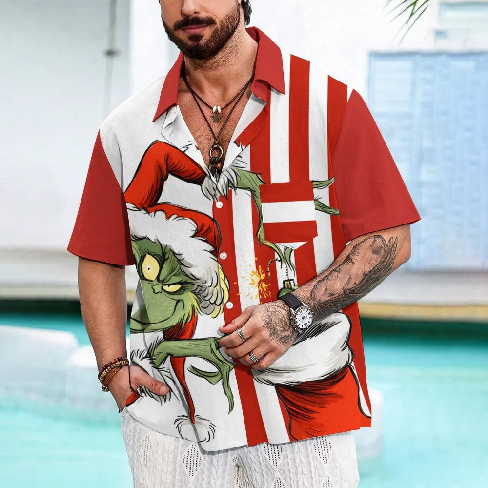 THE GRINCH  Christmas Striped Chest Pocket Short Sleeved Shirt 2310000328