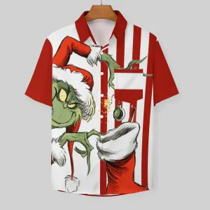 THE GRINCH  Christmas Striped Chest Pocket Short Sleeved Shirt 2310000328