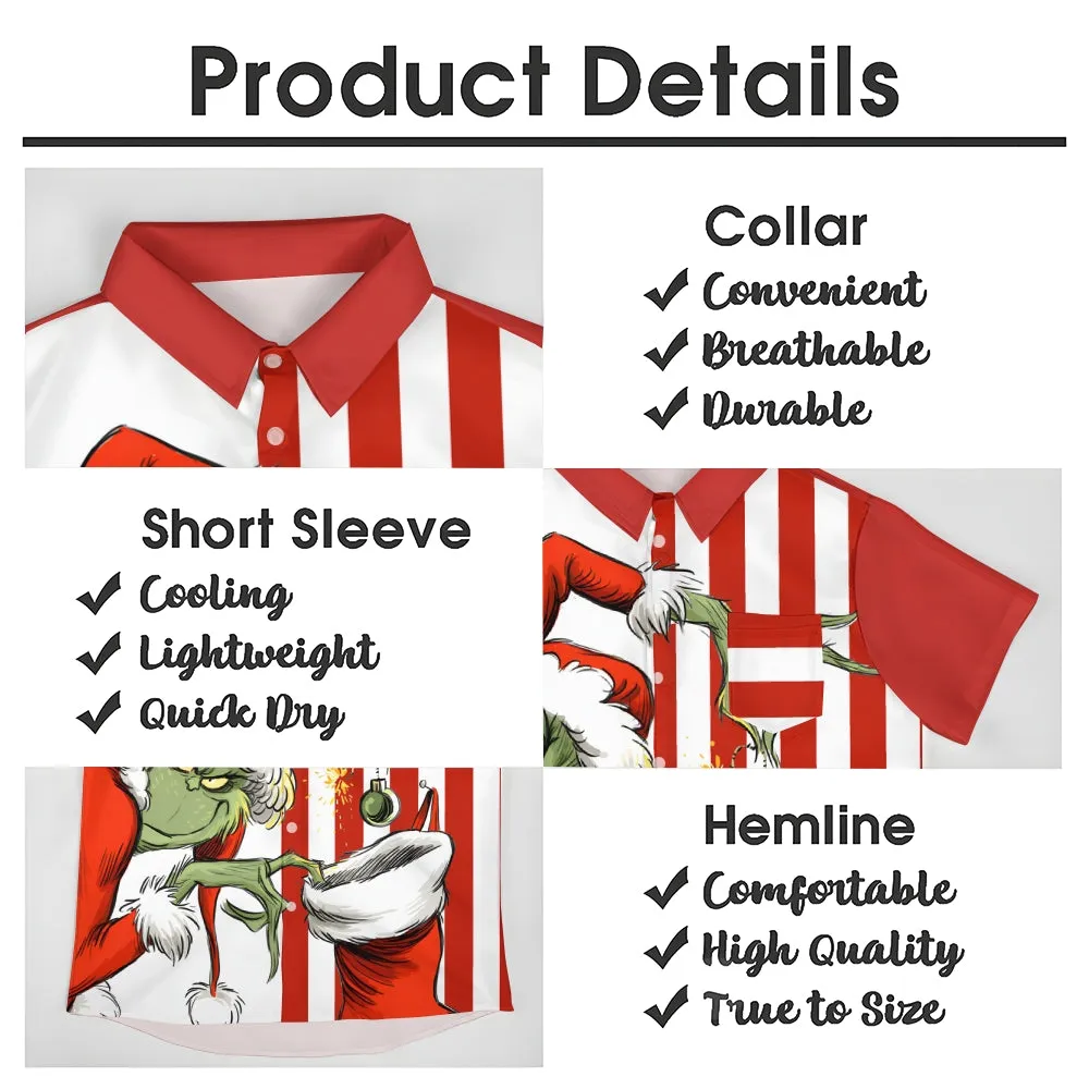 THE GRINCH  Christmas Striped Chest Pocket Short Sleeved Shirt 2310000328